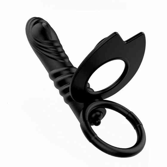 Эрекционное кольцо с вибрацией и рельефным фаллоимитатором для двойного проникновения-Чёрный–Анальные игрушки Винница