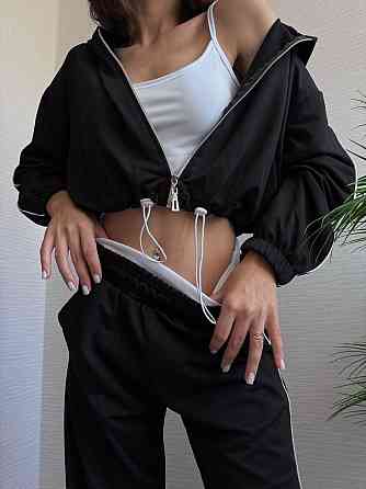 Женский прогулочный костюм тройка: кофта топ и штаны  двунить + микродайвинг Черный, 42/44 Одесса