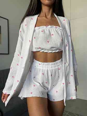 Женский нежный домашний костюм тройка: халат топ и шорты с сердечками муслин 100% хлопок Одесса