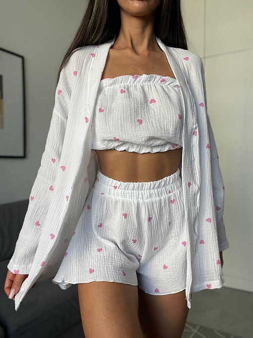 Женский нежный домашний костюм тройка: халат топ и шорты с сердечками муслин 100% хлопок Одесса - изображение 1