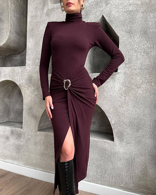 Жіноче елегантне романтичне максіплаття гольф із плічками та розрізом на ніжці Марсал, 42/44 Одеса - фото 6