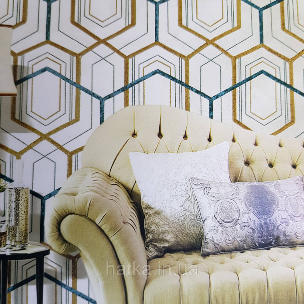 Шпалери метрові вінілові на флізелін 24 Carati Cristiana Masi геометрія смуги золотом бірюзові на бежевому 3д Київ - фото 1