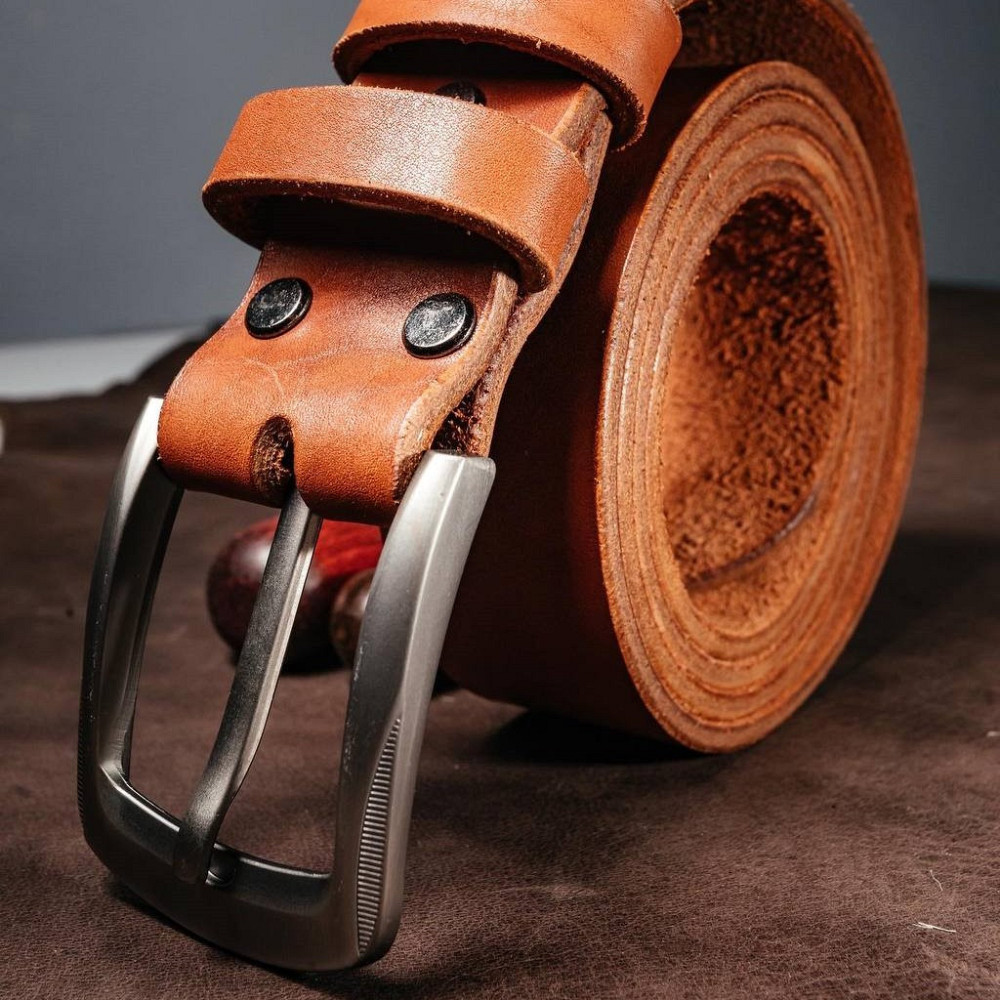 Ремінь чоловічий з натуральної шкіри для джинсів, шкіряний пояс з тисненням Герб, коричневийMasterSem Київ - фото 3