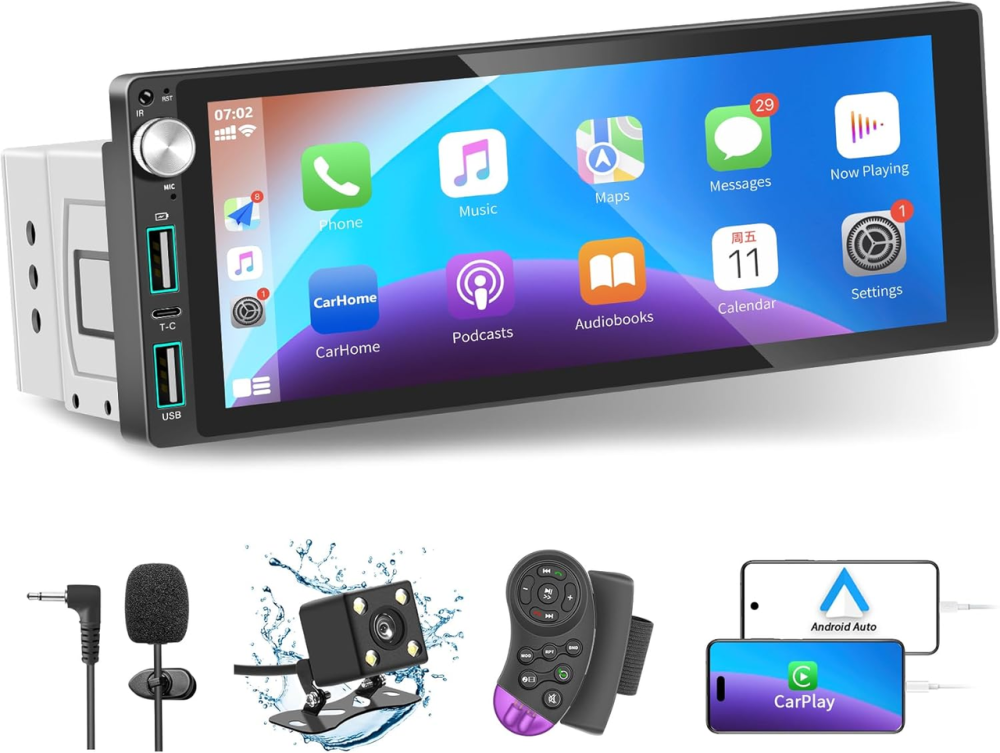 Автомагнитола 1DIN с Apple Carplay/Android Auto, 6,9-дюймовая IPS-магнитола с сенсорным экраном, камерой заднего вида Киев - изображение 1