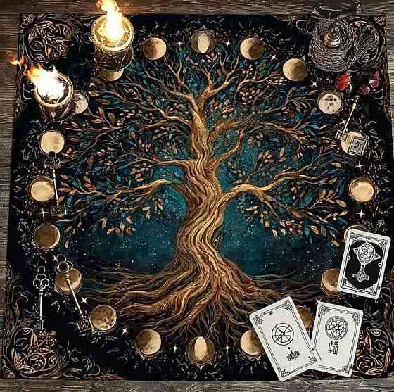 Скатертина для таро Дерево життя, алтарне полотно з фазами місяця, тканина для ворожіння 75×75 см Київ