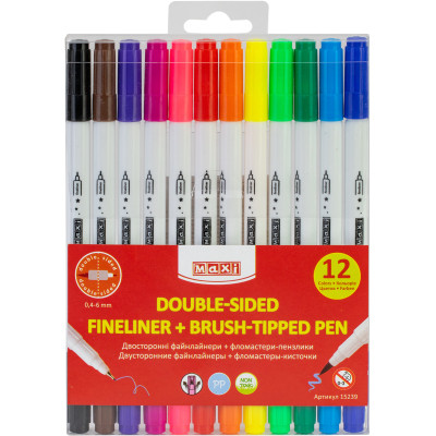 Фломастеры Maxi кисточки BRUSH-TIPPED + лайнеры 2в1, 12 цветов, линия 0,4-6 мм (MX15239) Винница - изображение 1