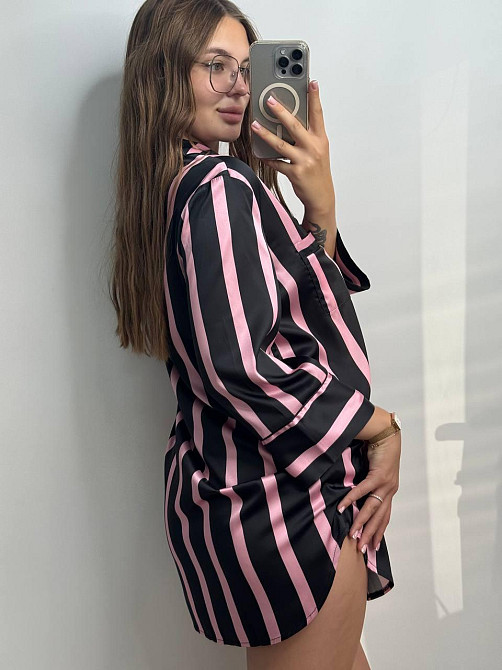 Ночная сорочка на пуговицах сатиновая Черно-розовая полоска XL Харьков - изображение 3