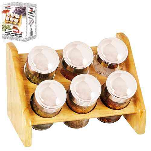 Набір для спецій "Simply" 6 банок на дерев'яній підставці | Баночки для спецій із кришками Київ