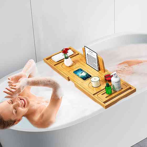Піднос для ванни Bathtub Tray Caddy бамбук розсувний підставка для келиха планшета регульований Київ