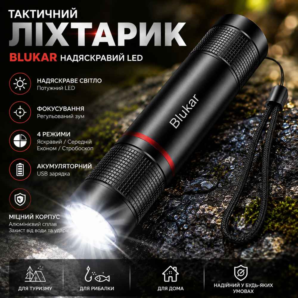 Тактичний ліхтарик Blukar акумуляторний LED, надяскравий з фокусуванням, USB, 4 режими, міцний алюмінієвий корпус Київ - фото 6