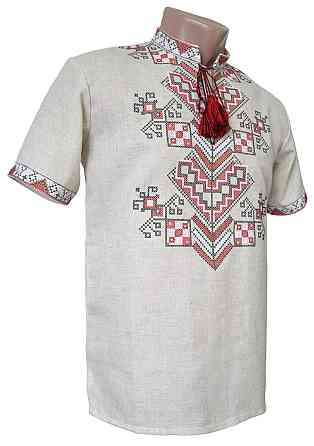 Льняная натуральная вышиванка на короткий рукав Киев