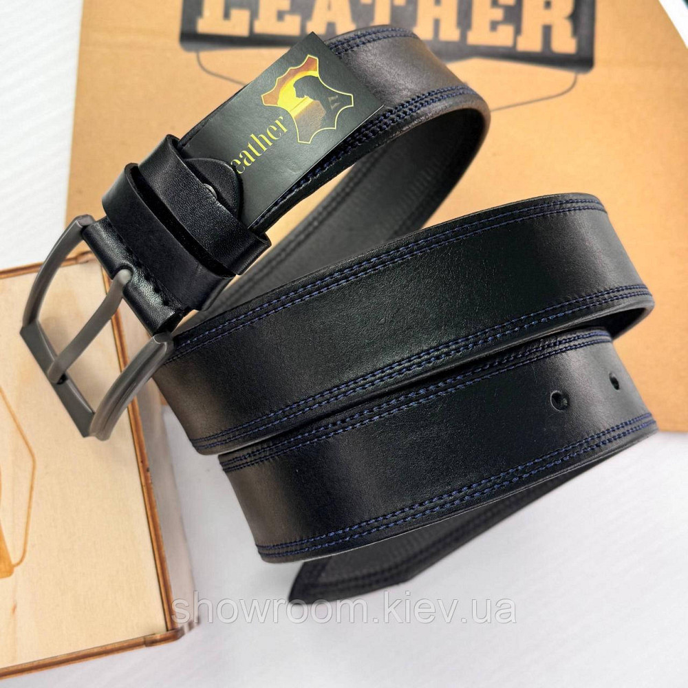 Стильный мужской кожаный ремень Leather Collection с синей отделкой (7817-1) Киев - изображение 2