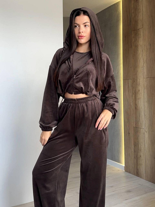 Женский прогулочный костюм тройка: худи топ и штаны велюр плюш Шоколад, 42/44 Одесса - изображение 1