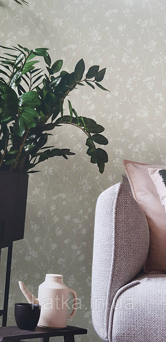 Шпалери вінілові на флізеліні Rasch Alghero метрові квіти листя прованс дрібні білі на зеленому 943528 Київ - фото 1