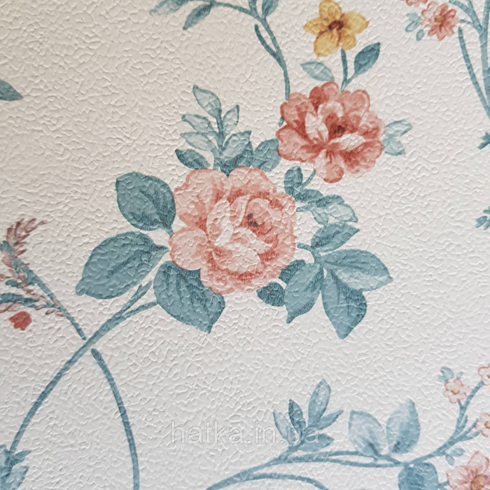 Шпалери вінілові на флізелін 0.53х10.05м Rasch Textil Petite Fleur 5.квіти троянди бордо кремові блакитні на білому Київ - фото 3