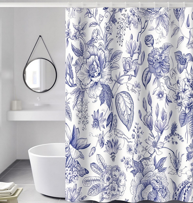 Шторка для ванной и душа с кольцами 180x180 см водостойкая, шторка для ванной комнаты с крючками,белая с цветочным принтом Каменец-Подольский - изображение 1