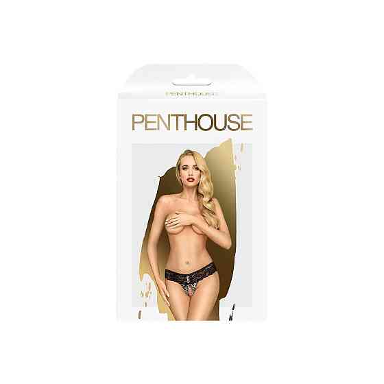 Трусики-стрінги Penthouse Pure Instincts L/XL Black, мереживо, відкритий доступ, леопардовий декор Sex Aura Київ