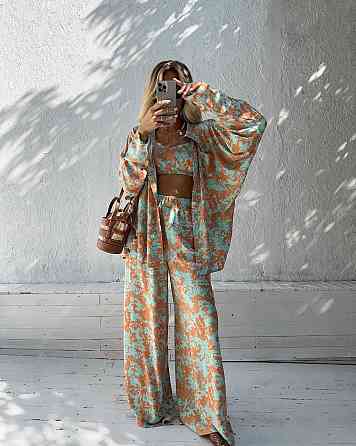 Жіночий легкий оверсайз костюм-трійка: сорочка топ і штани софт Бірюза Одеса