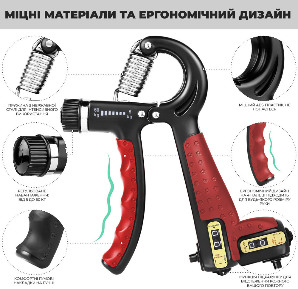 Еспандер кистьовий з лічильником PowerPlay PP-4402 з регульованим навантаженням 10-60 кг. Червоний Кам'янське - фото 2