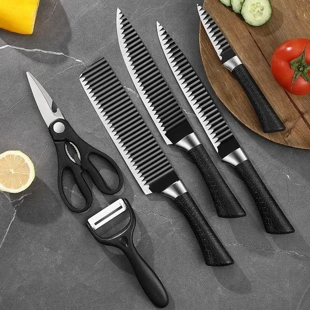 Набір кухонних ножів GENUINE 6 PCS з антибактеріальним покриттям: комплект сталевих ножів для кухні з овочечисткою Одеса - фото 1
