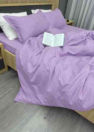 Комплект постільної білизни Страйп-сатин Двоспальний 180х220 з простирадлом на резинці Лавандовий (88-175) Київ