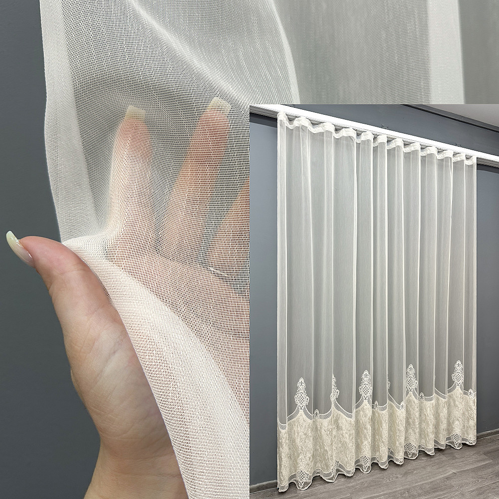 Тюль VR-Textil 1812т Бамбук с вышивкой и бархатом Айвори 300х270 см (40-113) Киев - изображение 1