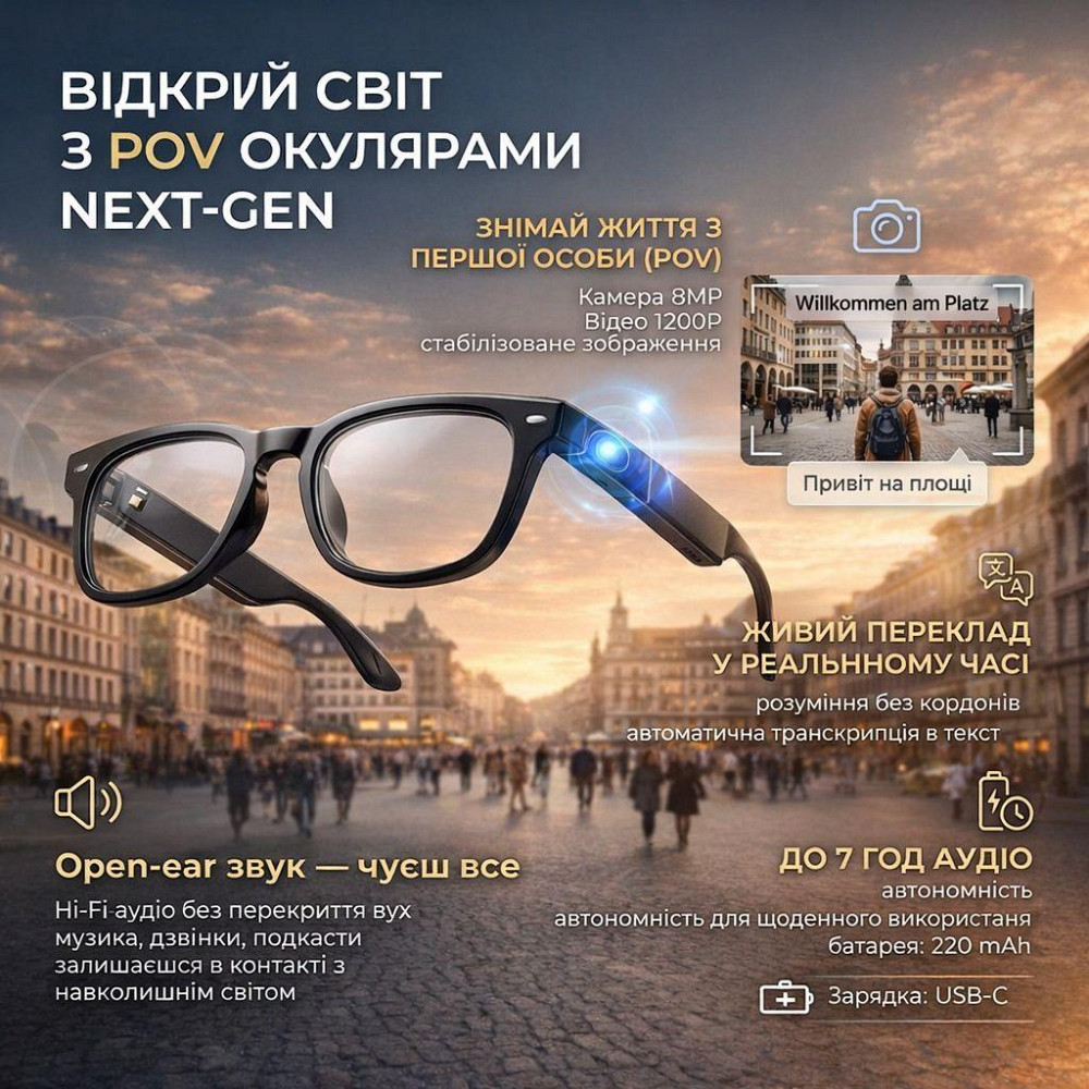 Розумні окуляри з Відеокамерою 1200P — камера 8MP, Bluetooth 5.3, переклад, аудіо, запис відео AI розумні окуляри перекладач Київ - фото 1
