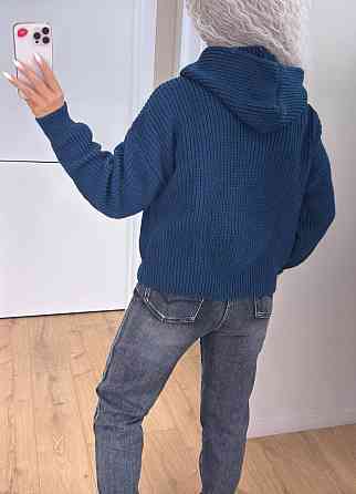 Кардиган в'язаний із капюоном на блискавці толстовка Темний-джинс Київ