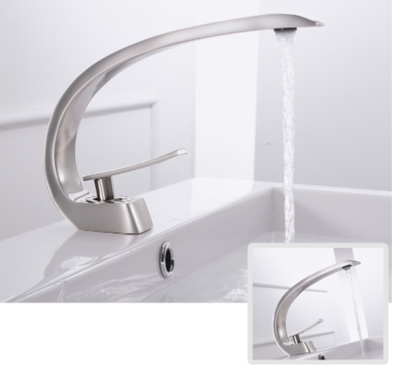 Смеситель для раковины стационарный однорычажный изогнутый кран горизонтальный монтаж WanFan Никель Каменец-Подольский