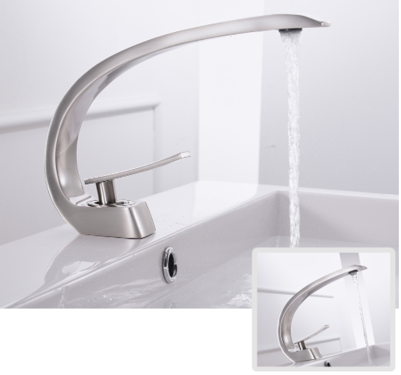 Смеситель для раковины стационарный однорычажный изогнутый кран горизонтальный монтаж WanFan Никель Каменец-Подольский - изображение 1