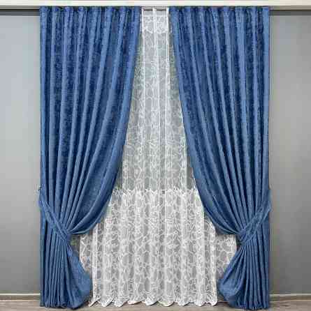 Комплект штор VR-Textil Жакард Мармур 150х270 2шт і Тюль 500х270 1149ш-1529т Синій з білим 71-182/4 Київ