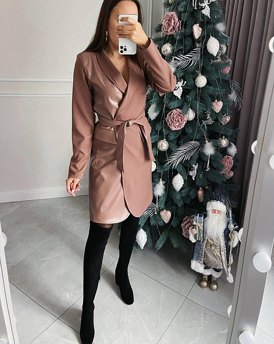 Женское стильное платье-пиджак с поясом костюмная ткань + экокожа Мокко, 42/44 Одесса - изображение 6