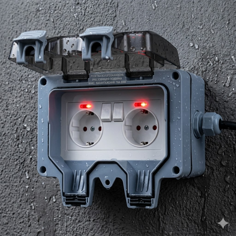 Розетка влагозащищенная IP66 двойная 16А/250V, внешняя, с крышкой, ABS, серая, для улицы и сада Киев - изображение 2