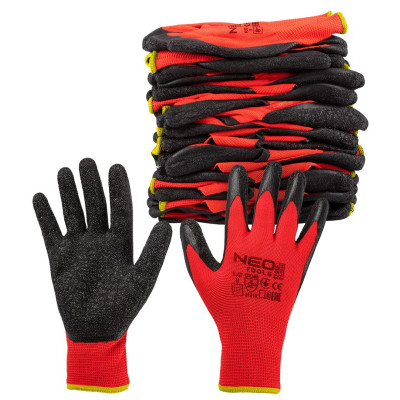 Защитные перчатки Neo Tools комплект 12шт, полиэстер с латексным покрытием, р.10, красно-черный (97-645-10) Винница - изображение 7