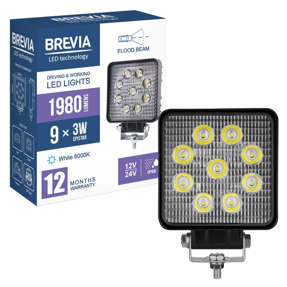 Фара светодиодная Brevia Epistar Flood 10-30V, 27W (9x3W), 1980Lm, 1шт (10642QFX1) Львов - изображение 8