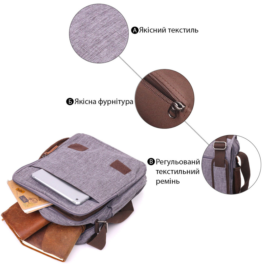 Мужская сумка через плечо из текстиля Серая (Vintage) Киев - изображение 8