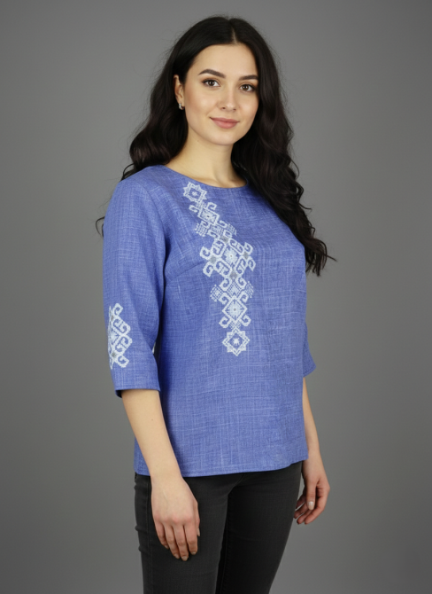Вишита жіноча блуза в кольорі джинс з орнаментом на рукавах 42 Київ - фото 1