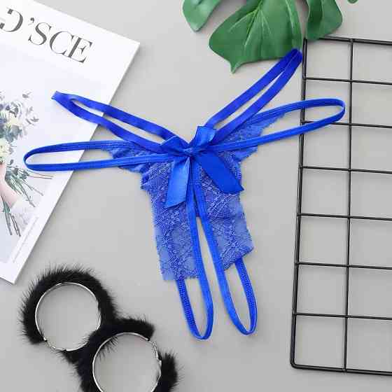 Еротичні трусики з мереживом та бантами сині - розмір універсальний, резинка до 86см Київ