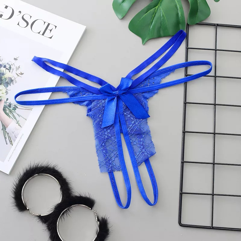 Еротичні трусики з мереживом та бантами сині - розмір універсальний, резинка до 86см Київ - фото 1