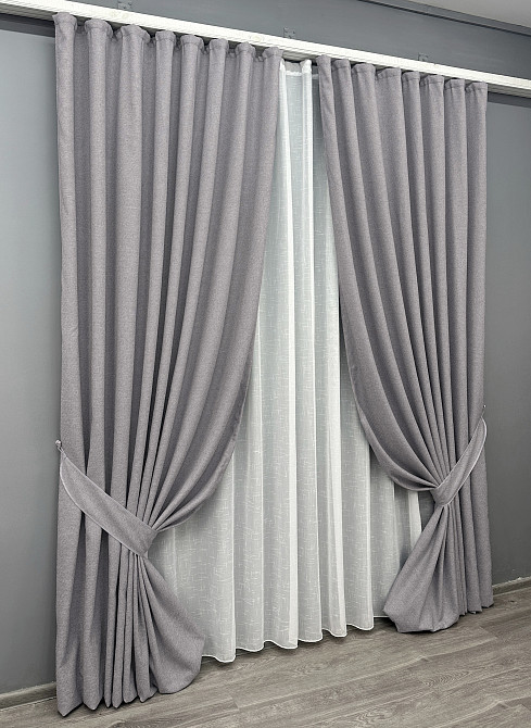 Комплект штор VR-Textil льон преміум ELEMENTA 200х270 2шт і Тюль 500х270 1866ш-115т світло-сірий з білим 71-067/6 Київ - фото 2