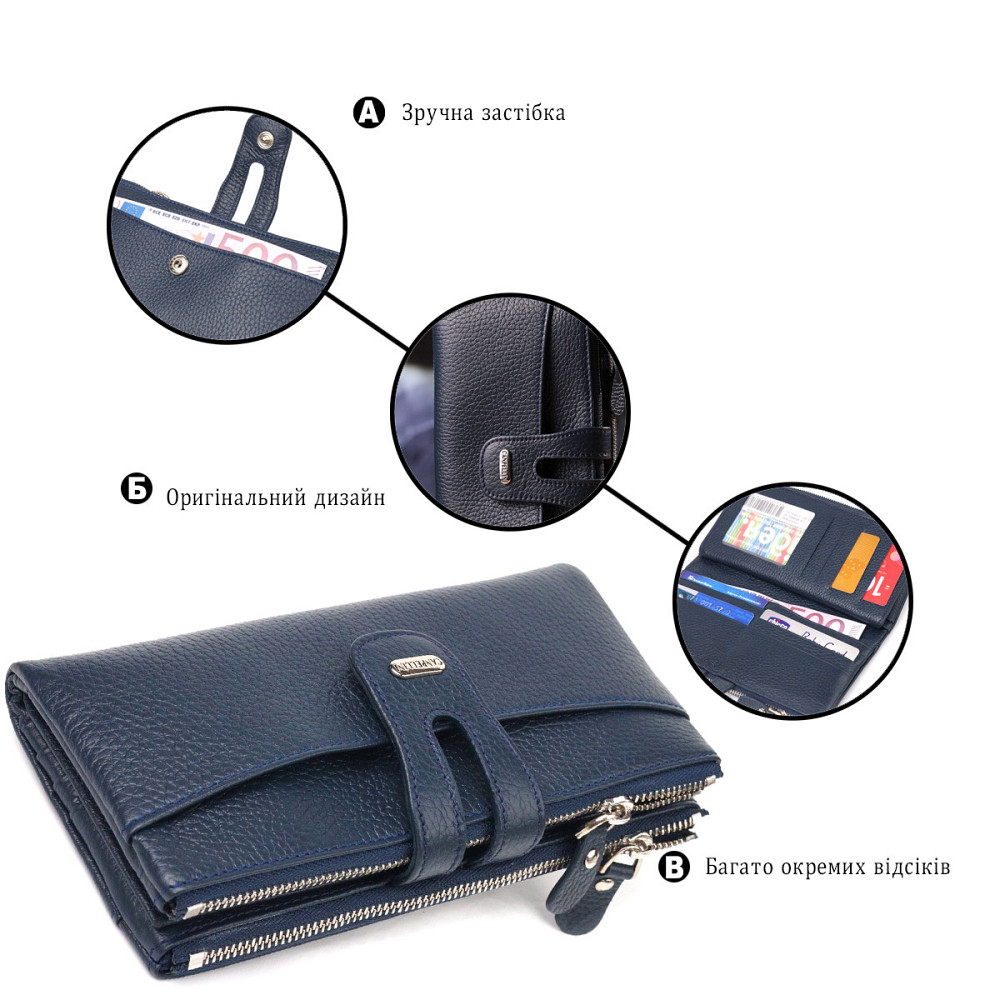 Удобный кошелек из натуральной зернистой кожи CANPELLINI 21635 Синий Киев - изображение 7