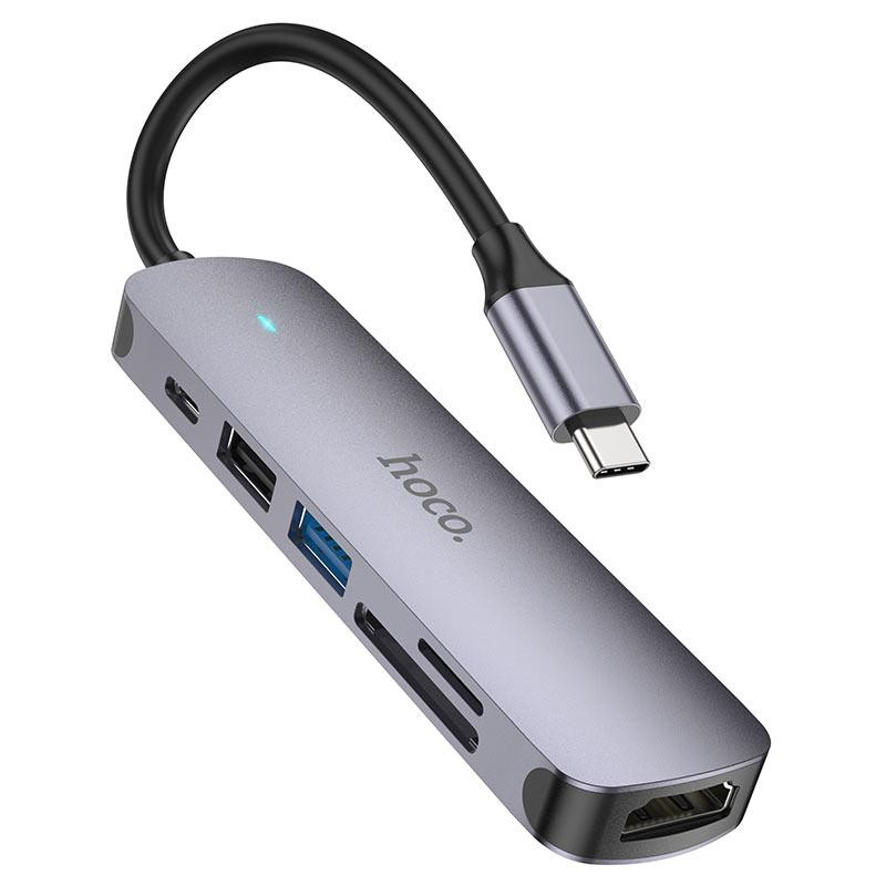 USB-хаб HOCO HB28 Type-C multi-function converter(HDTV+USB3.0+USB2.0+SD+TF+PD) Metal Gray Київ - фото 2