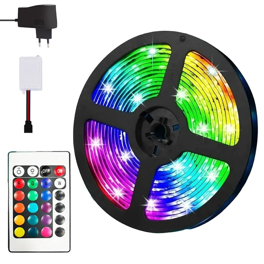 Світлодіодна стрічка 5м, 3528 з пультом і блоком живлення / Гнучка самоклеюча RGB стрічка Київ - фото 1