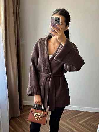 Женский теплый трикотажный оверсайз кардиган с поясом ангора рубчик Шоколад Одесса