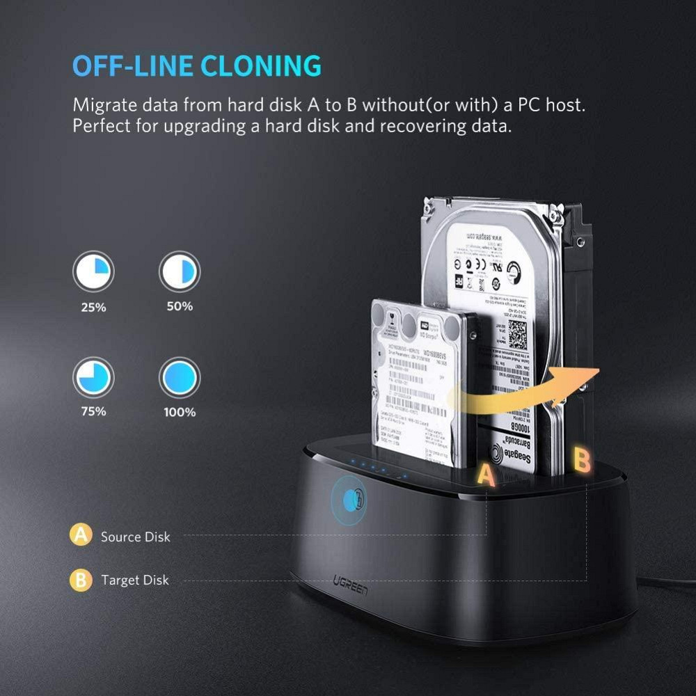 Універсальна подвійна док-станція Ugreen CM198 для SATA 2.5 "/3.5" SSD/ HDD до 24 ТБ (2 x 12 ТБ) Миколаїв - фото 6