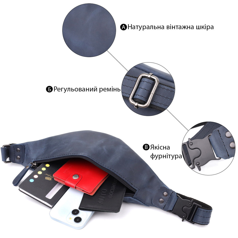 Чоловіча зручна бананка з натуральної вінтажної шкіри Синій (SHVIGEL) Київ - фото 8