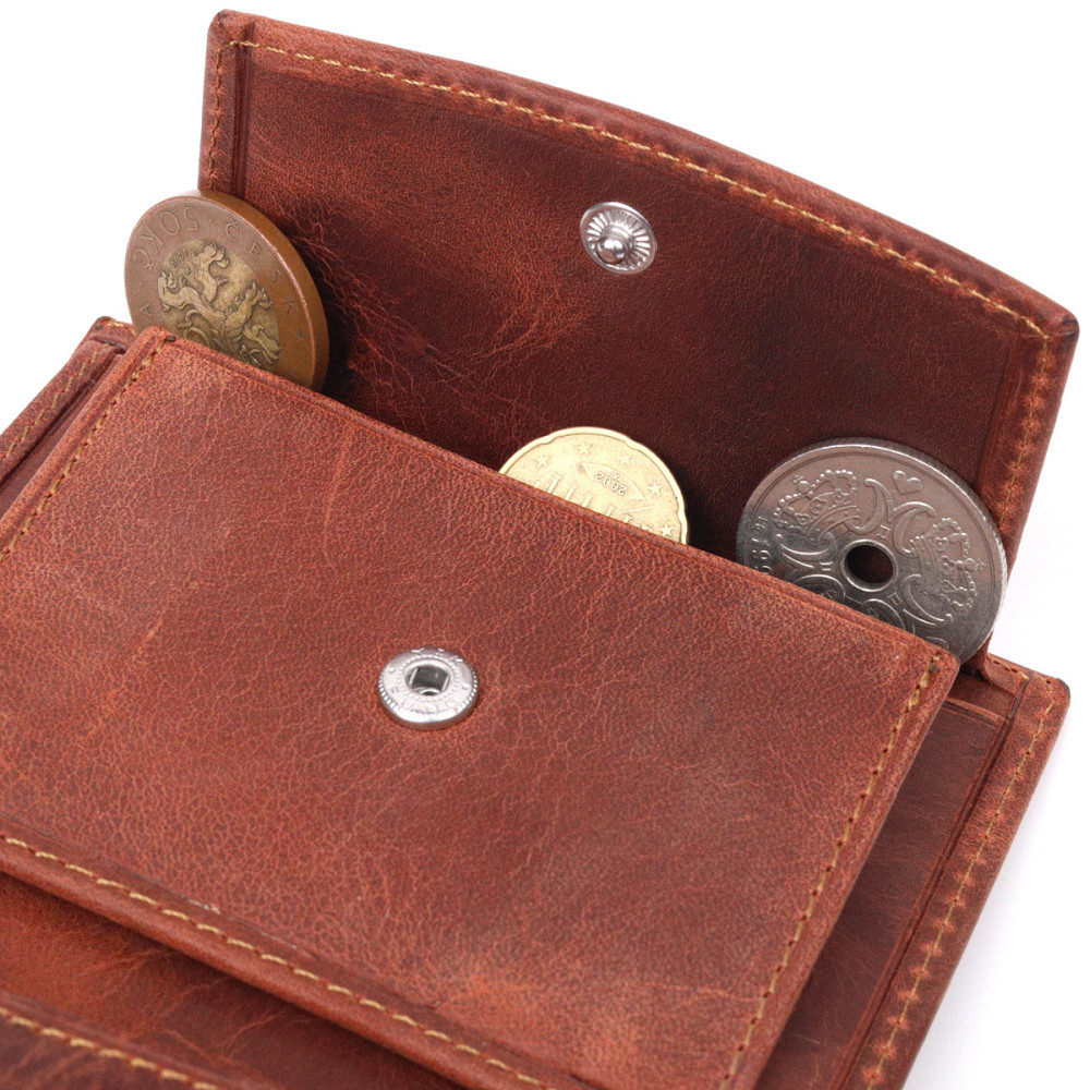 Мужское вертикальное портмоне без застежки в винтажной коже KARYA 21363 Рыжий Киев - изображение 6