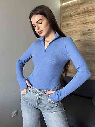 Жіночий утеплений базовий боді з блискавкою турецький рубчик-мустанг на флісі. Блакитний, 42 Одеса