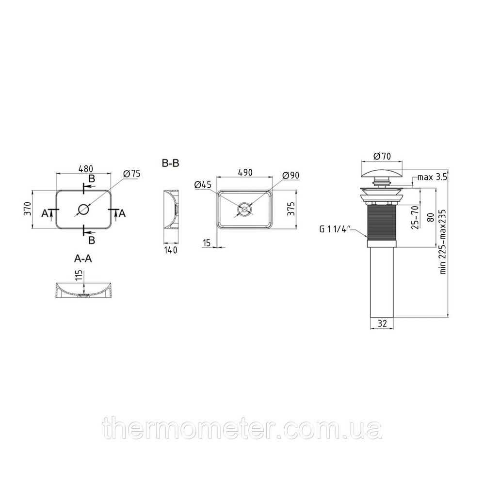 Раковина накладна Qtap Tern 480x370x135 мм, Marble, прямокутна, з донним клапаном QT17116069MR Київ - фото 10