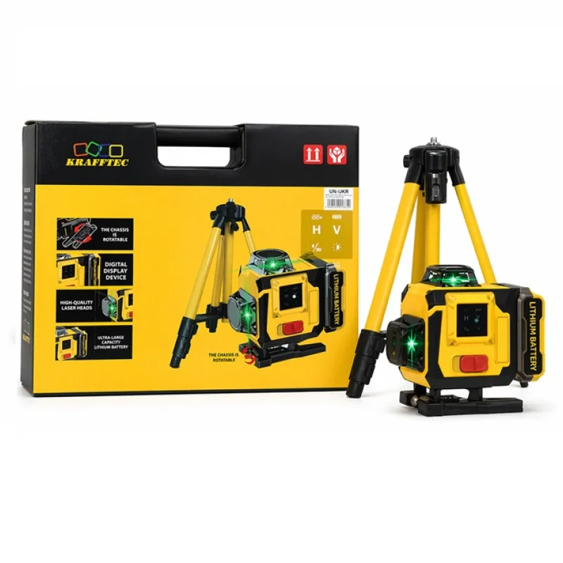 Лазерний рівень KRAFFTEC 4D 360° 16 ліній, зелений промінь, акумуляторний, з дисплеєм та штативом, жовтий Одеса - фото 1